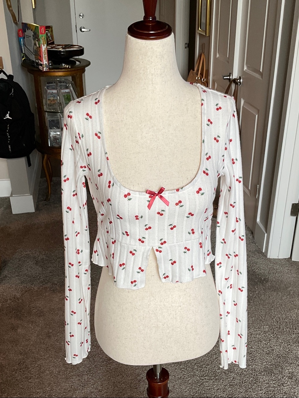 Forever 21 White Long Sleeve Cherry-Print Scoop Top